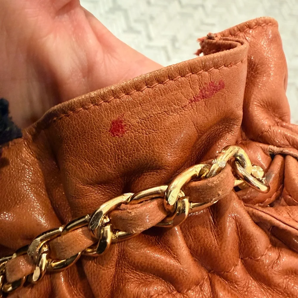 Henri Bendel Tan Woven Leather Bucket Bag with Brown Tassels and Chain Strap - Picture 6 of 11